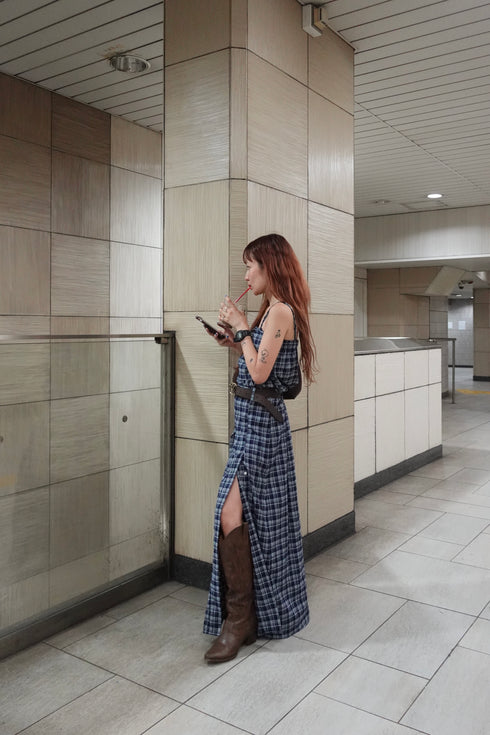 チェックスリットボタンスカート